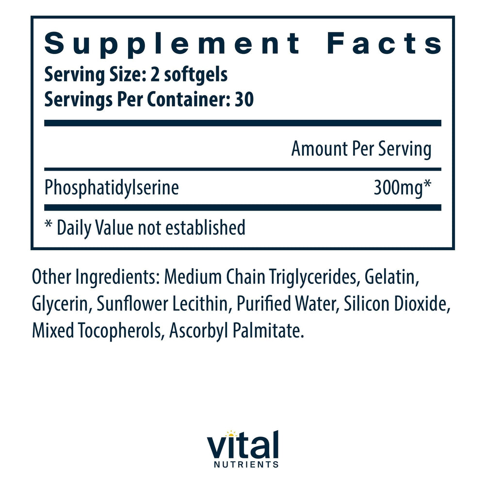 Vital Nutrients Phosphatidylserine label close-up highlighting allergen-free formula