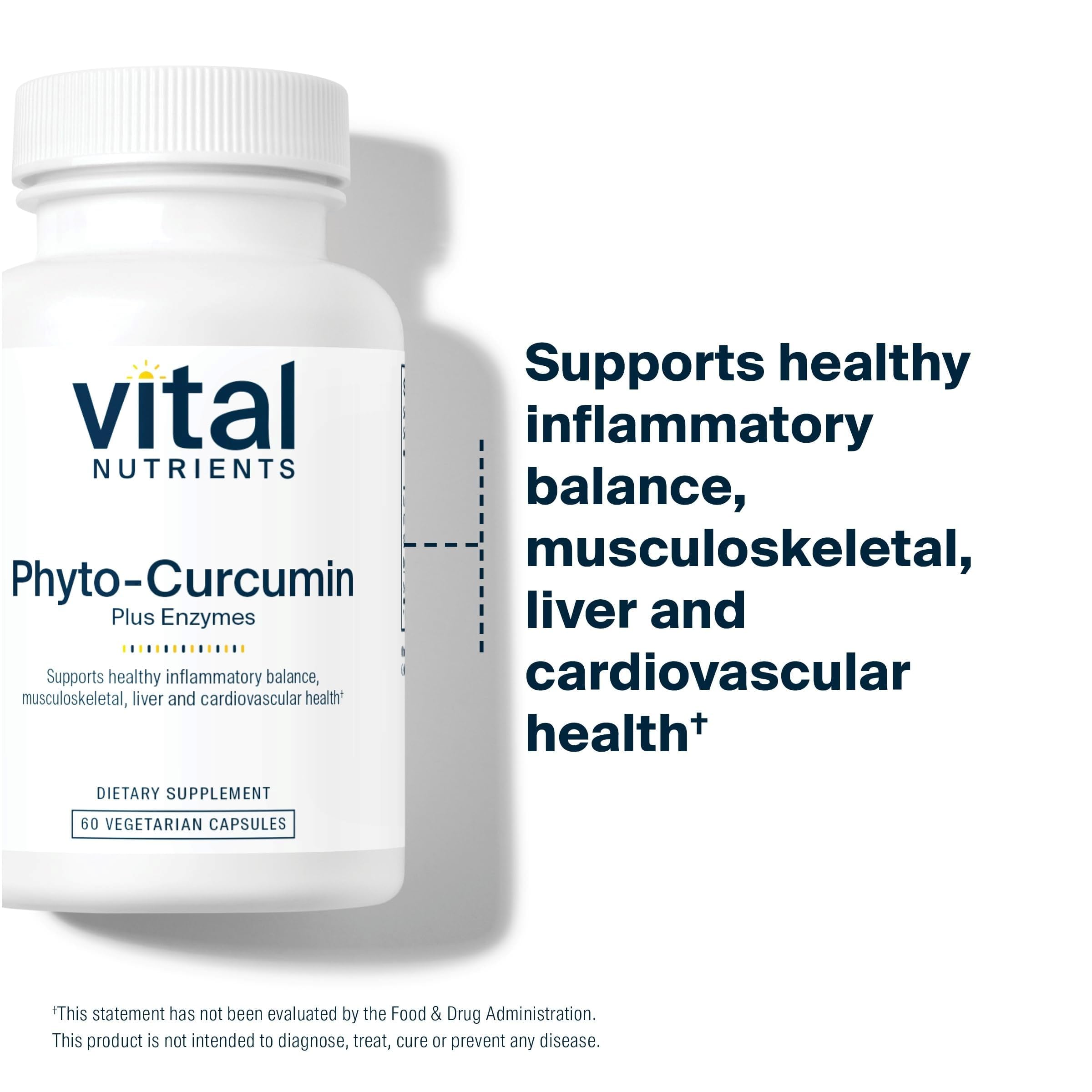Vital Nutrients Phyto-Curcumin Plus Enzymes capsules on spoon suggest easy daily use.