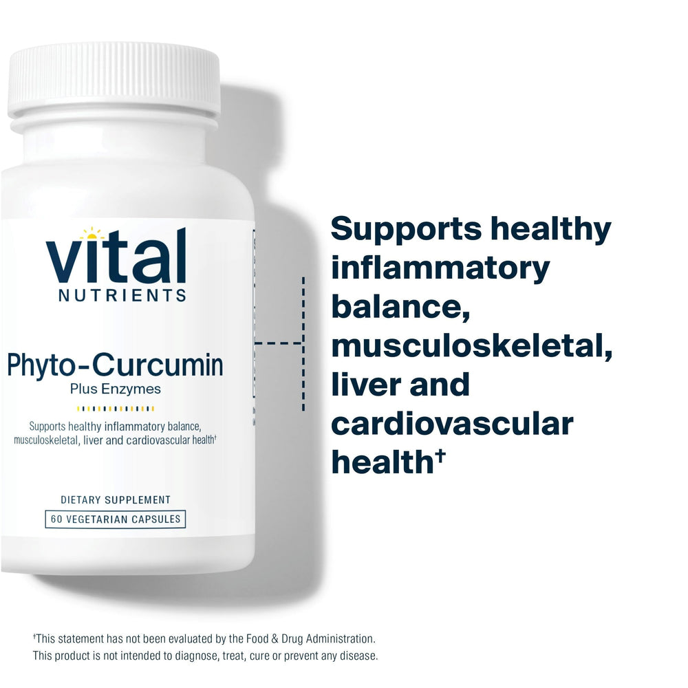 Vital Nutrients Phyto-Curcumin Plus Enzymes capsules on spoon suggest easy daily use.