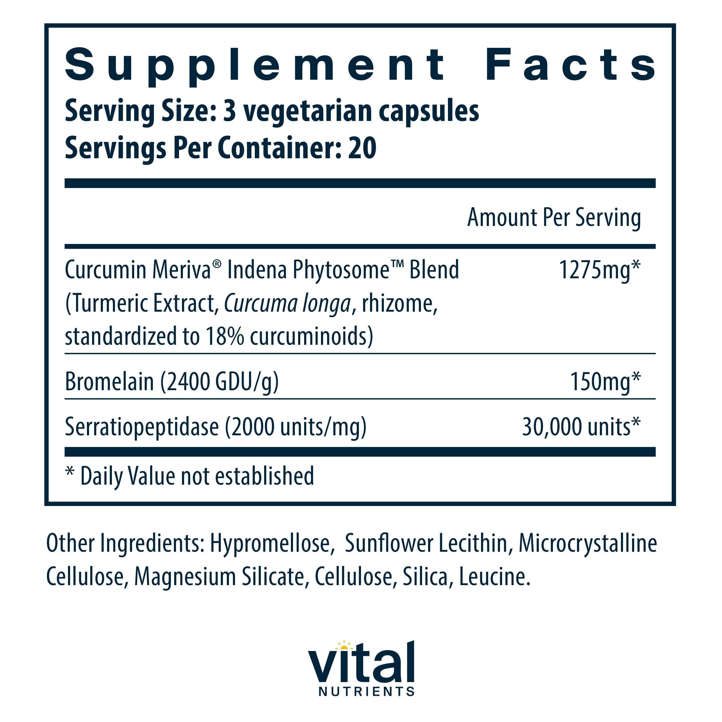 Vital Nutrients Phyto-Curcumin Plus Enzymes label closeup highlighting phytosome extract for better absorption.