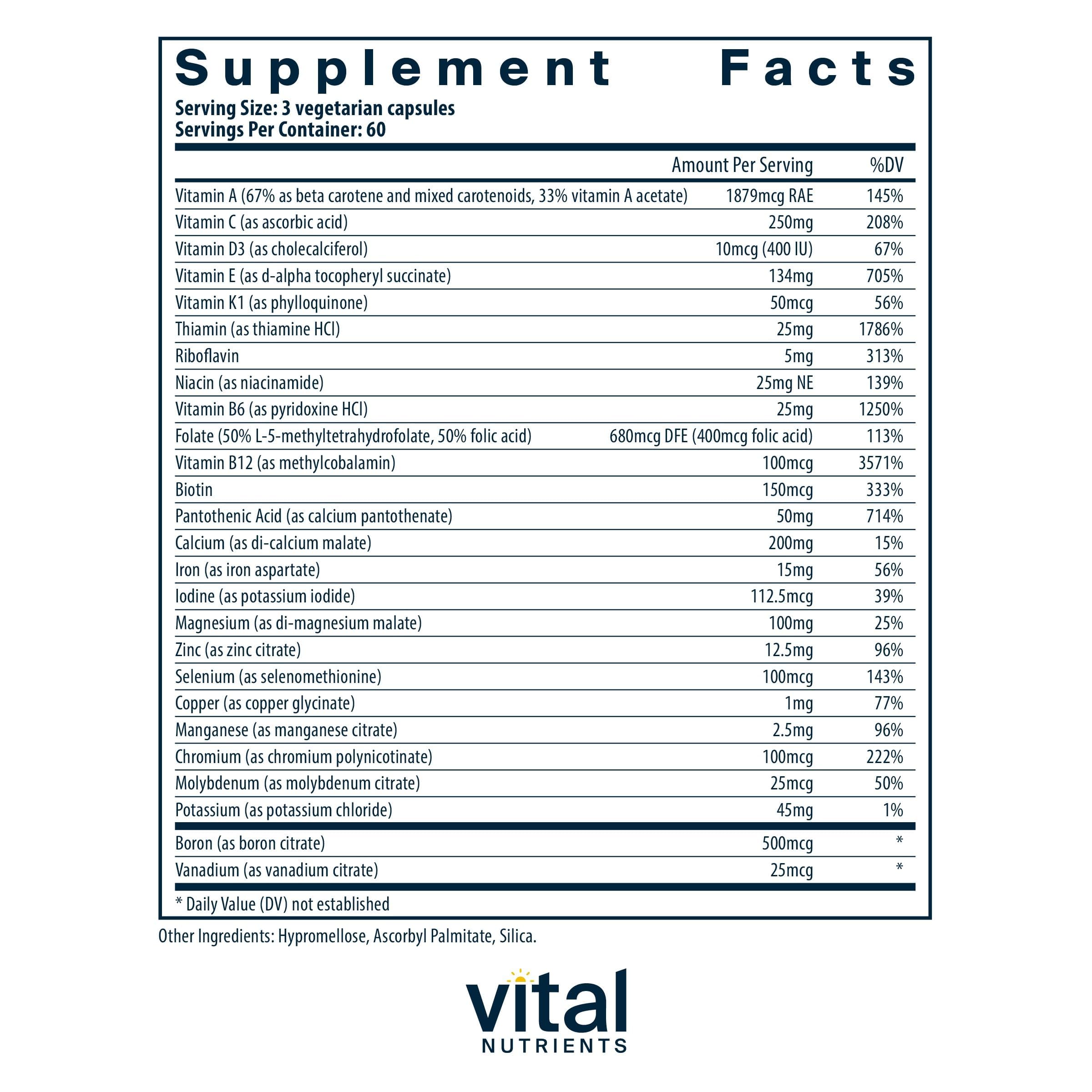Vital Nutrients PreNatal bottle label highlights Metafolin L-5-MTHF folate form.