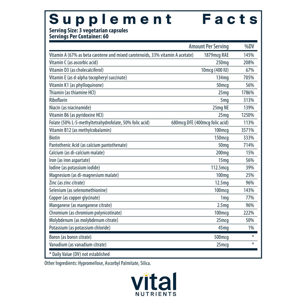 Vital Nutrients PreNatal bottle label highlights Metafolin L-5-MTHF folate form.
