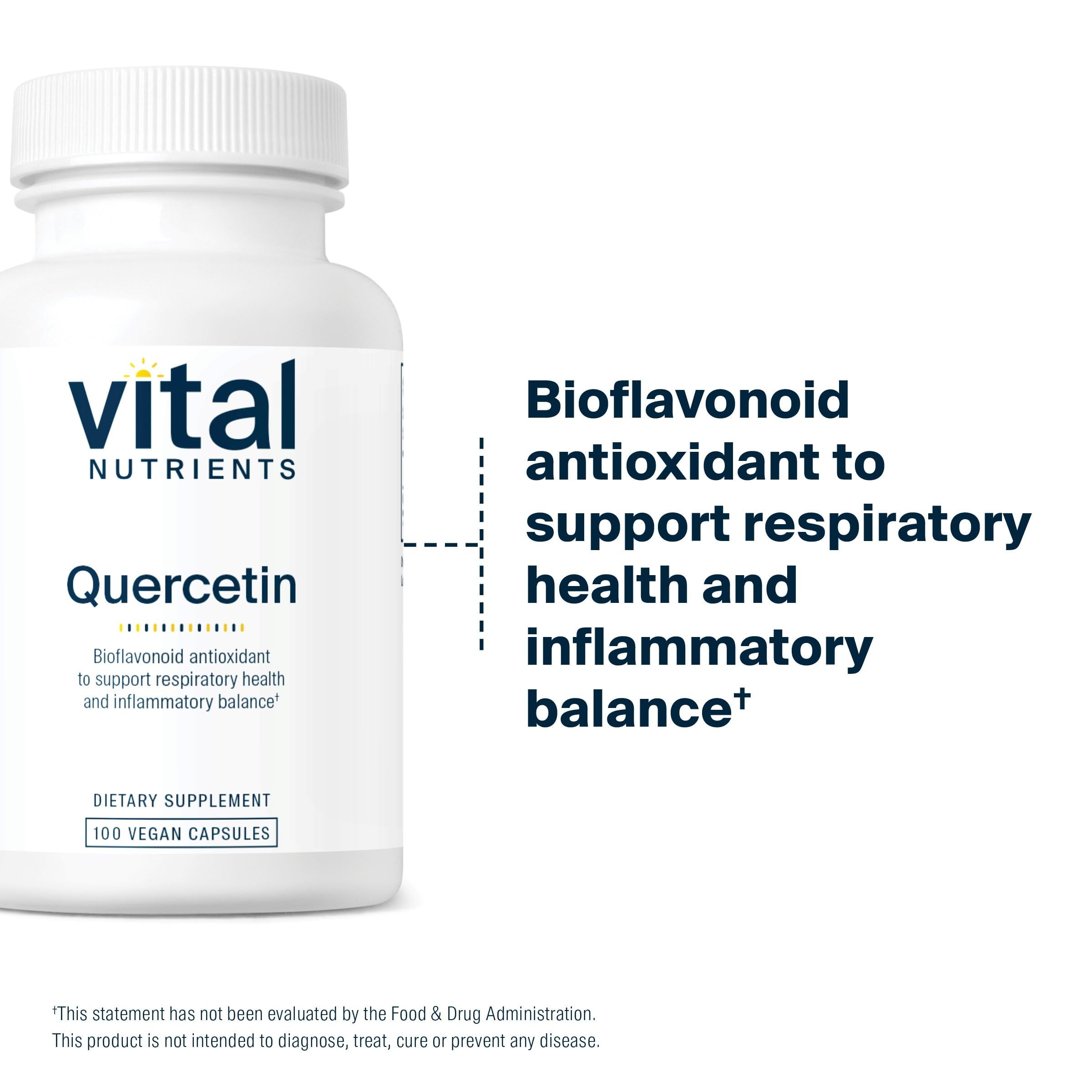 Vital Nutrients Quercetin bottle label emphasizing gluten-free dairy-free and soy-free formula