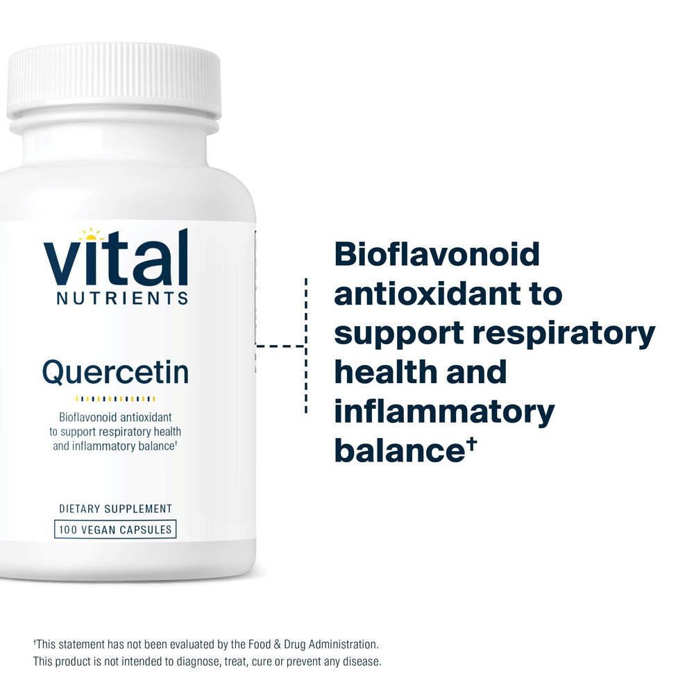Vital Nutrients Quercetin bottle label emphasizing gluten-free dairy-free and soy-free formula