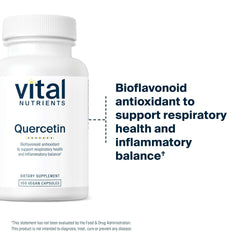 Vital Nutrients Quercetin bottle label emphasizing gluten-free dairy-free and soy-free formula