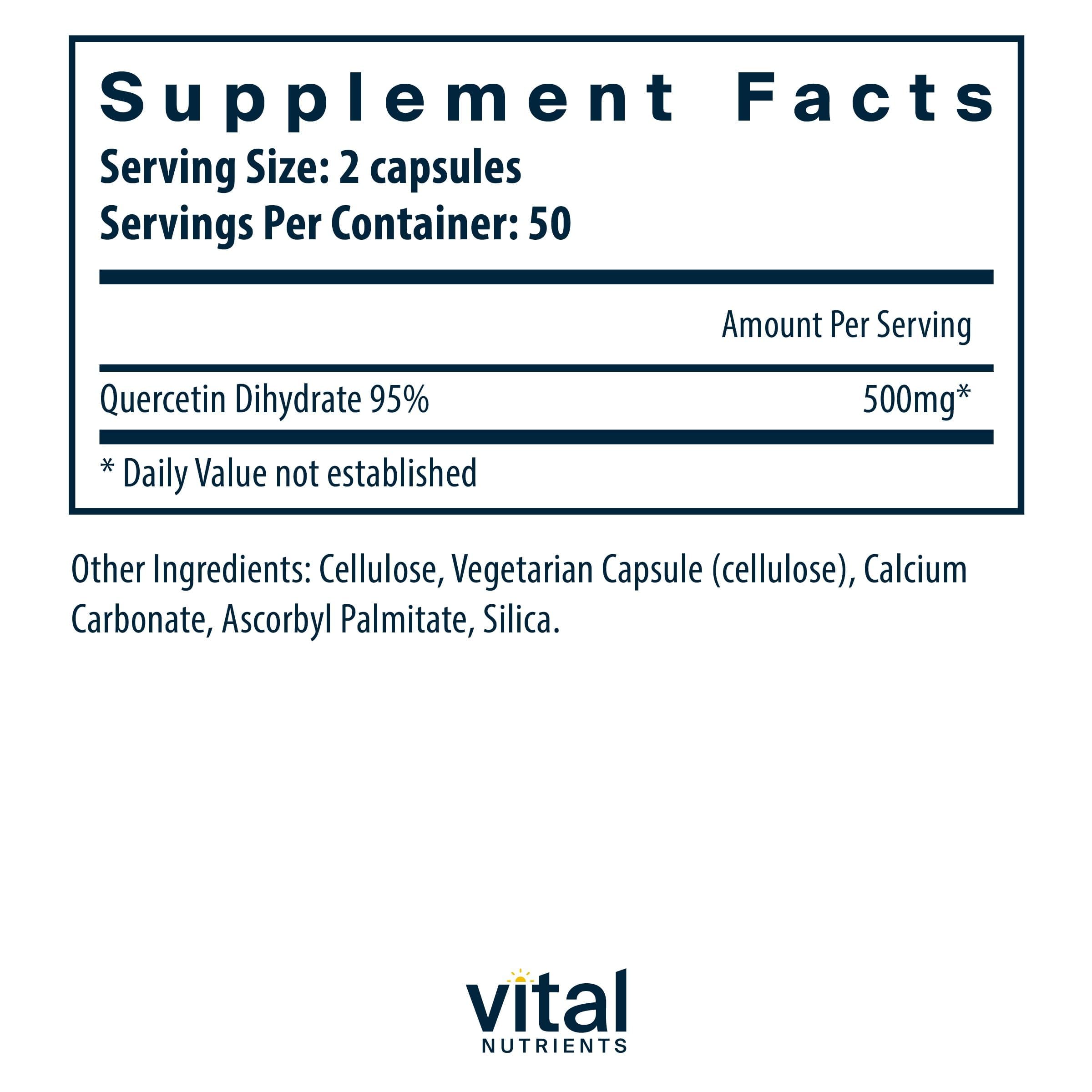 Vital Nutrients Quercetin capsules closeup highlighting compact vegan capsules