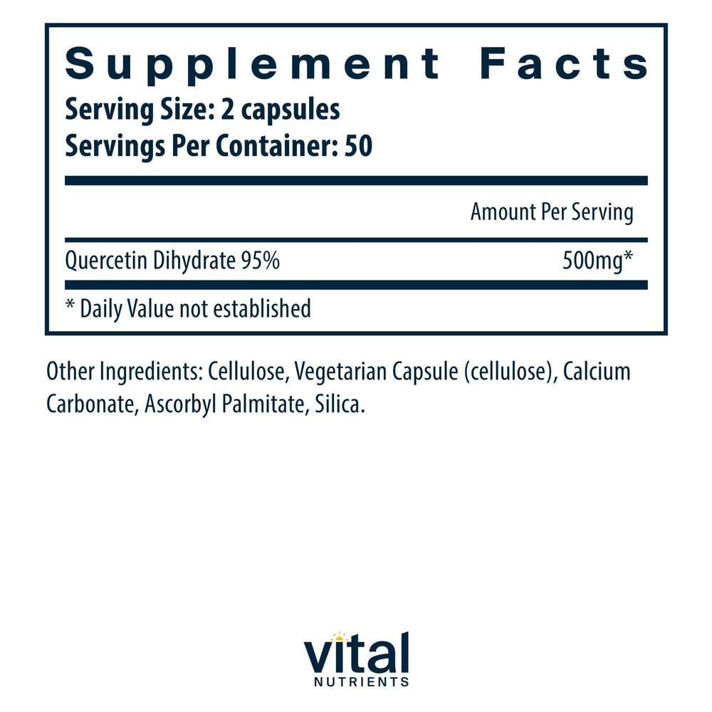 Vital Nutrients Quercetin capsules closeup highlighting compact vegan capsules