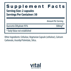 Vital Nutrients Quercetin capsules closeup highlighting compact vegan capsules