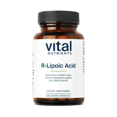 Vital Nutrients R-Lipoic Acid bottle shows the active 200 mg formula for energy support