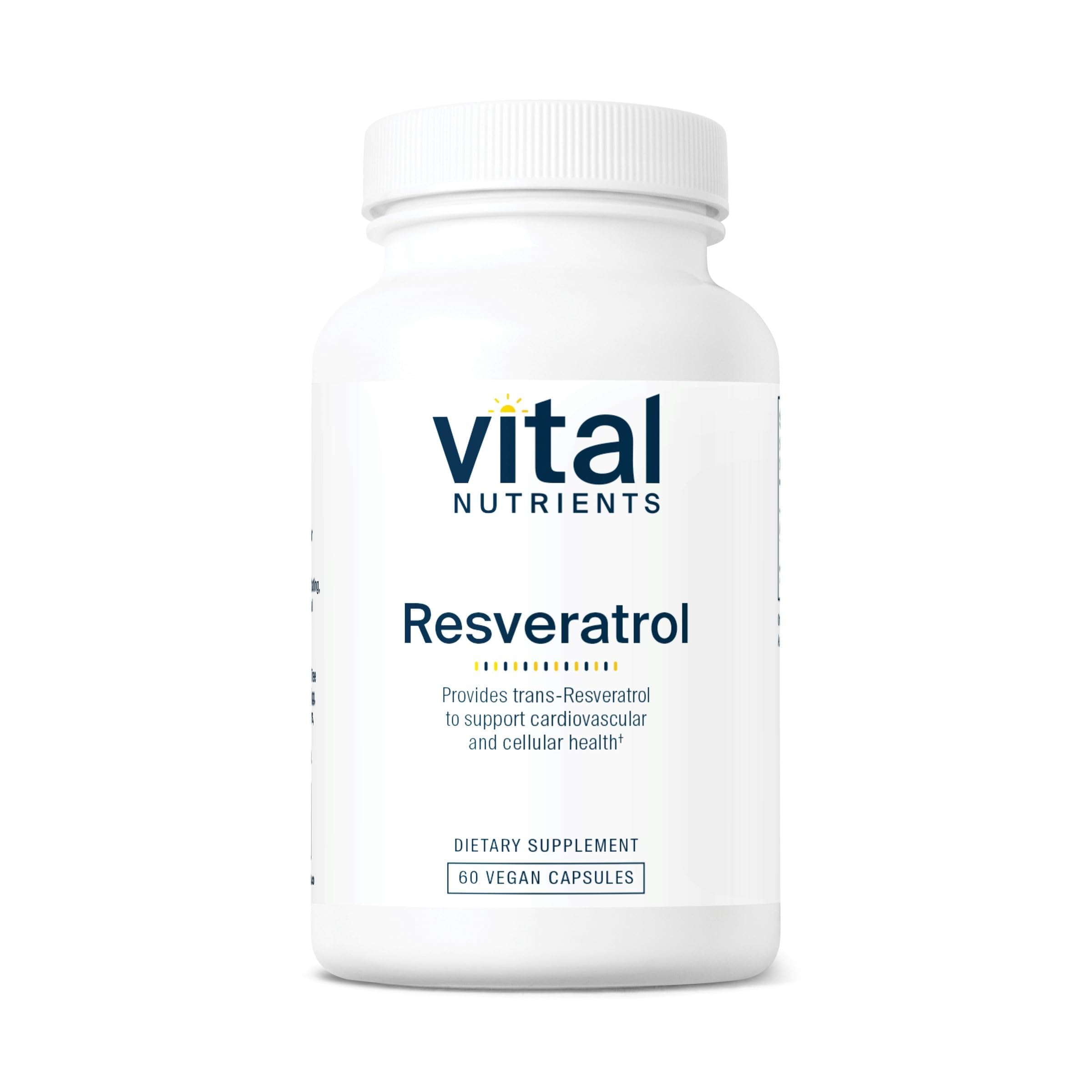 Vital Nutrients Resveratrol bottle front for convenient antioxidant support.