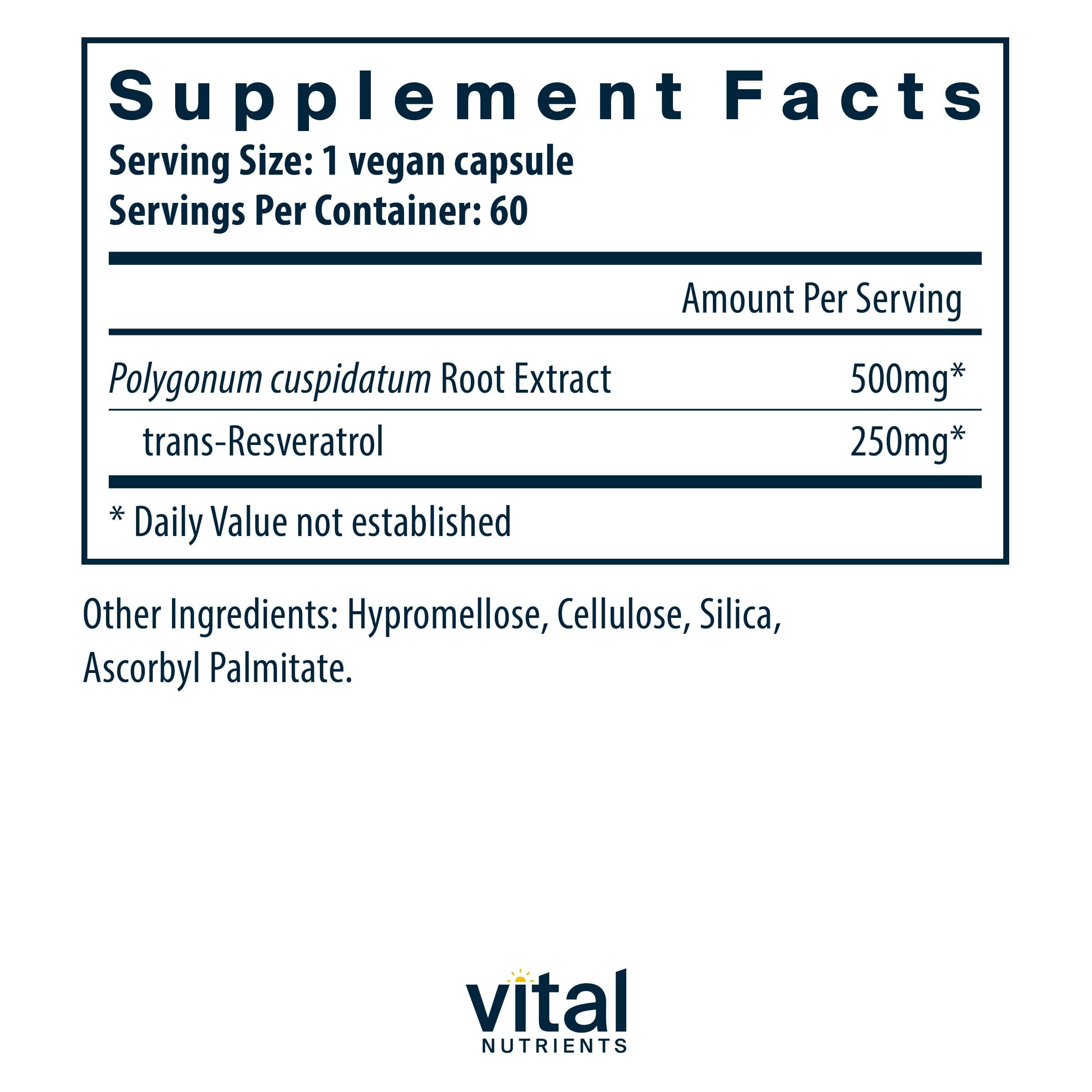 Vital Nutrients Resveratrol capsules close-up showing pill form for daily use.