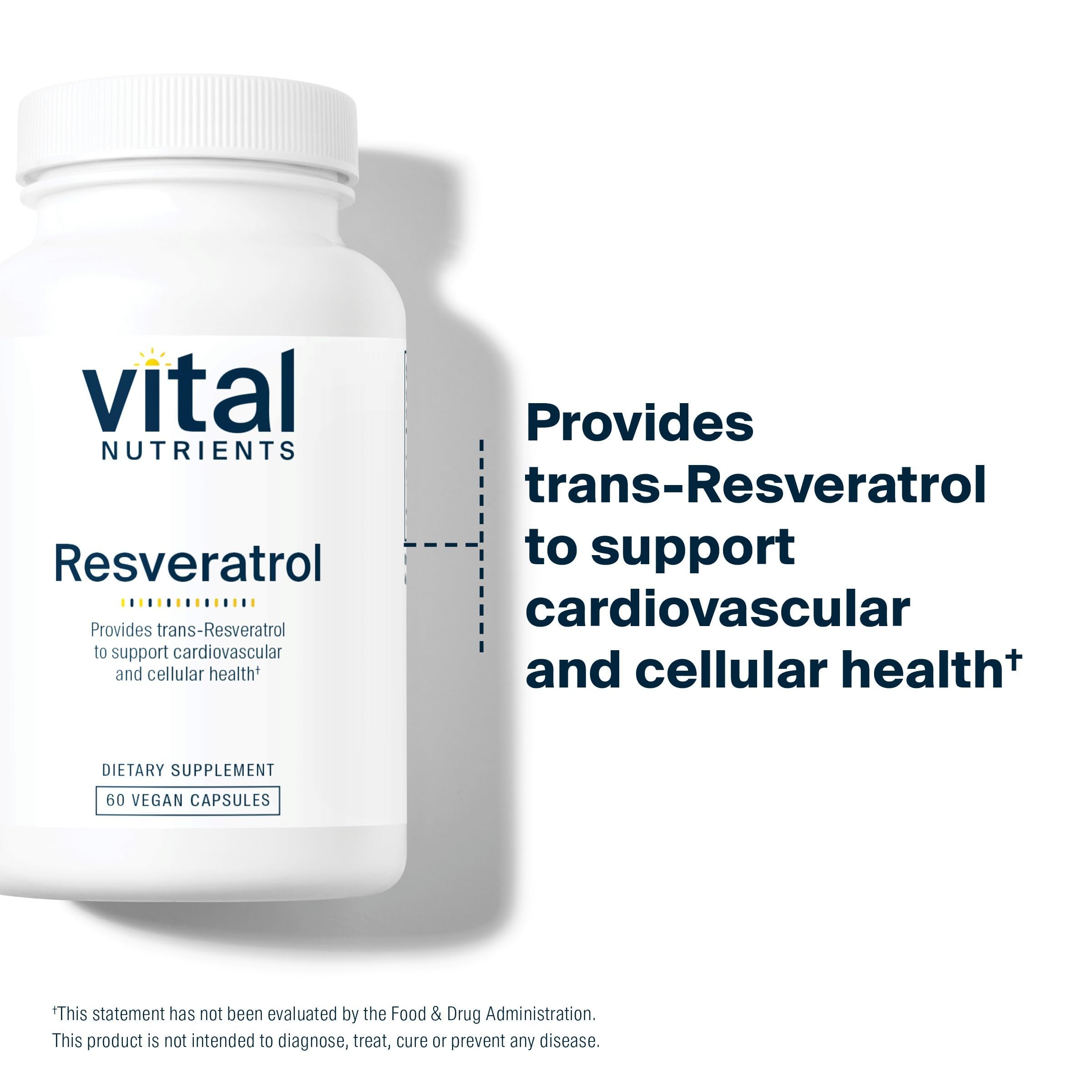 Vital Nutrients Resveratrol label detail highlighting potency and vegan formula.