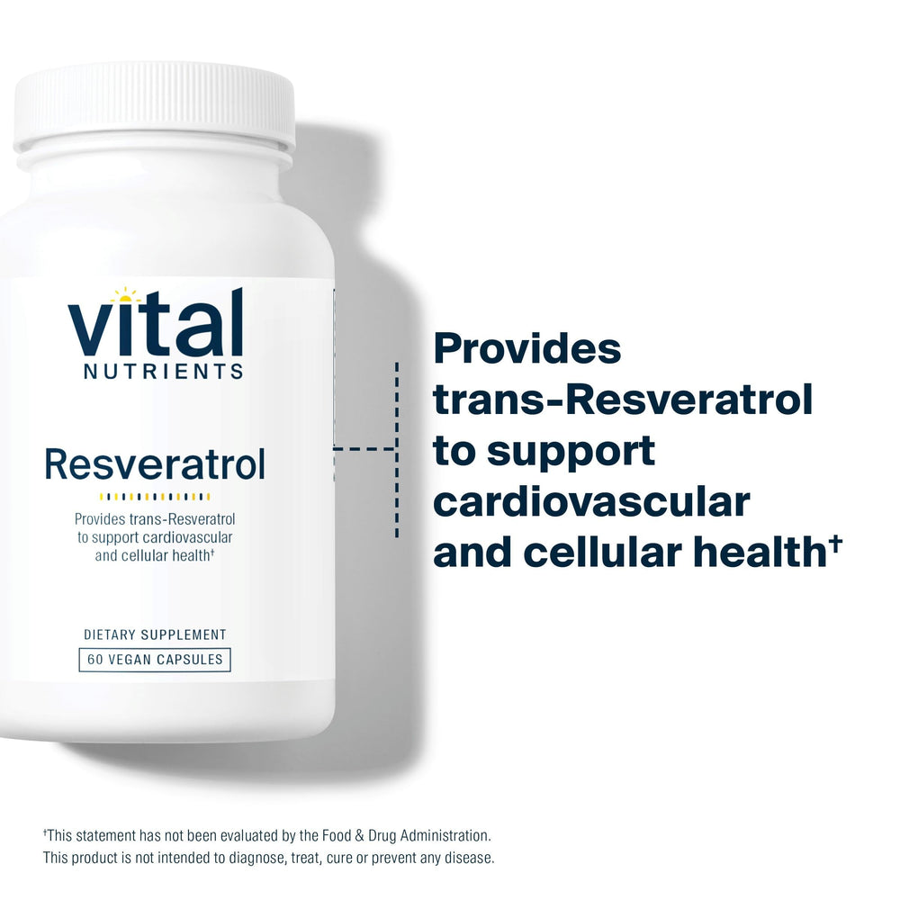 Vital Nutrients Resveratrol label detail highlighting potency and vegan formula.