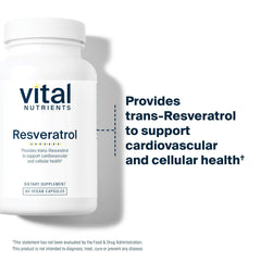 Vital Nutrients Resveratrol label detail highlighting potency and vegan formula.