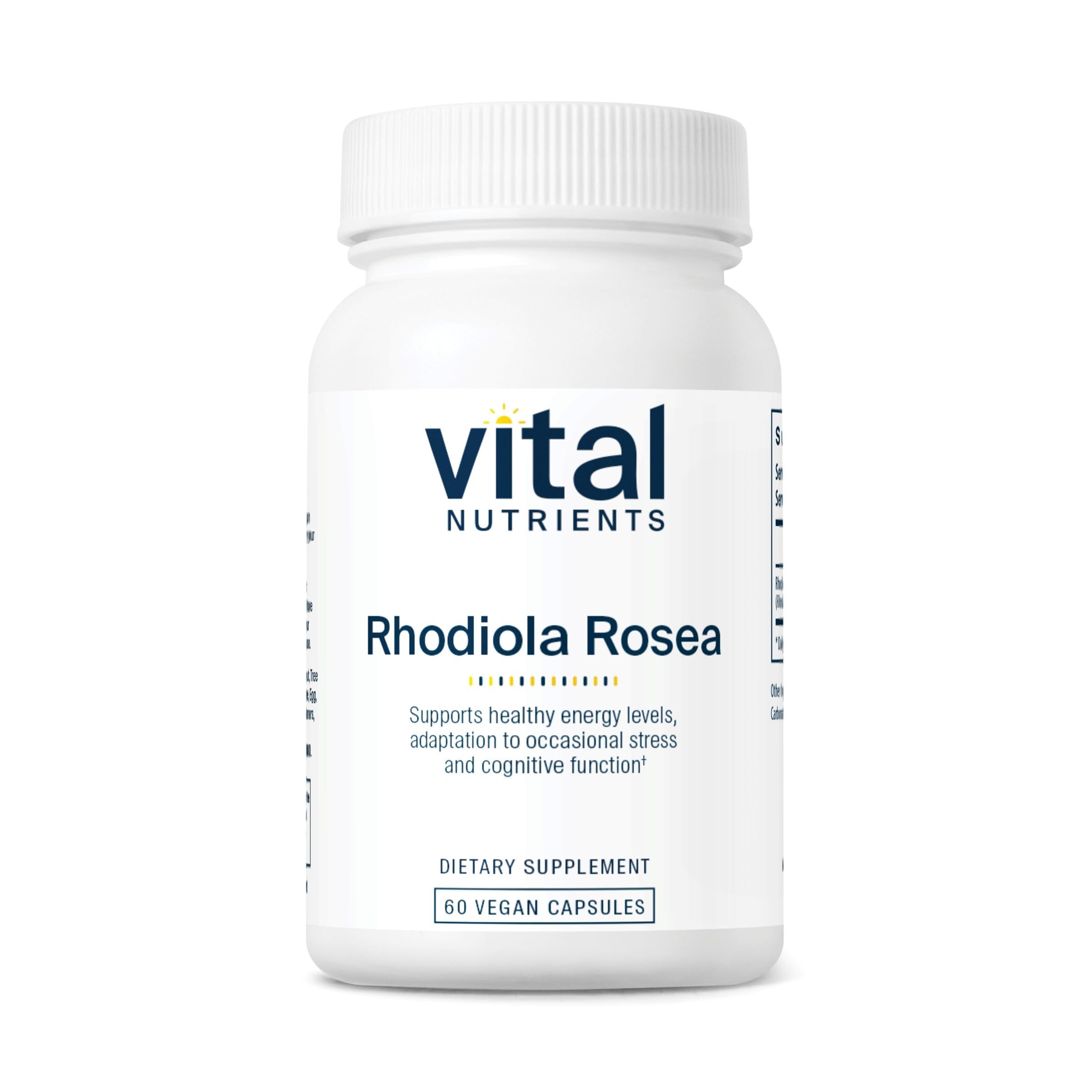 Vital Nutrients Rhodiola Rosea bottle pour suggests steady daytime energy potential.