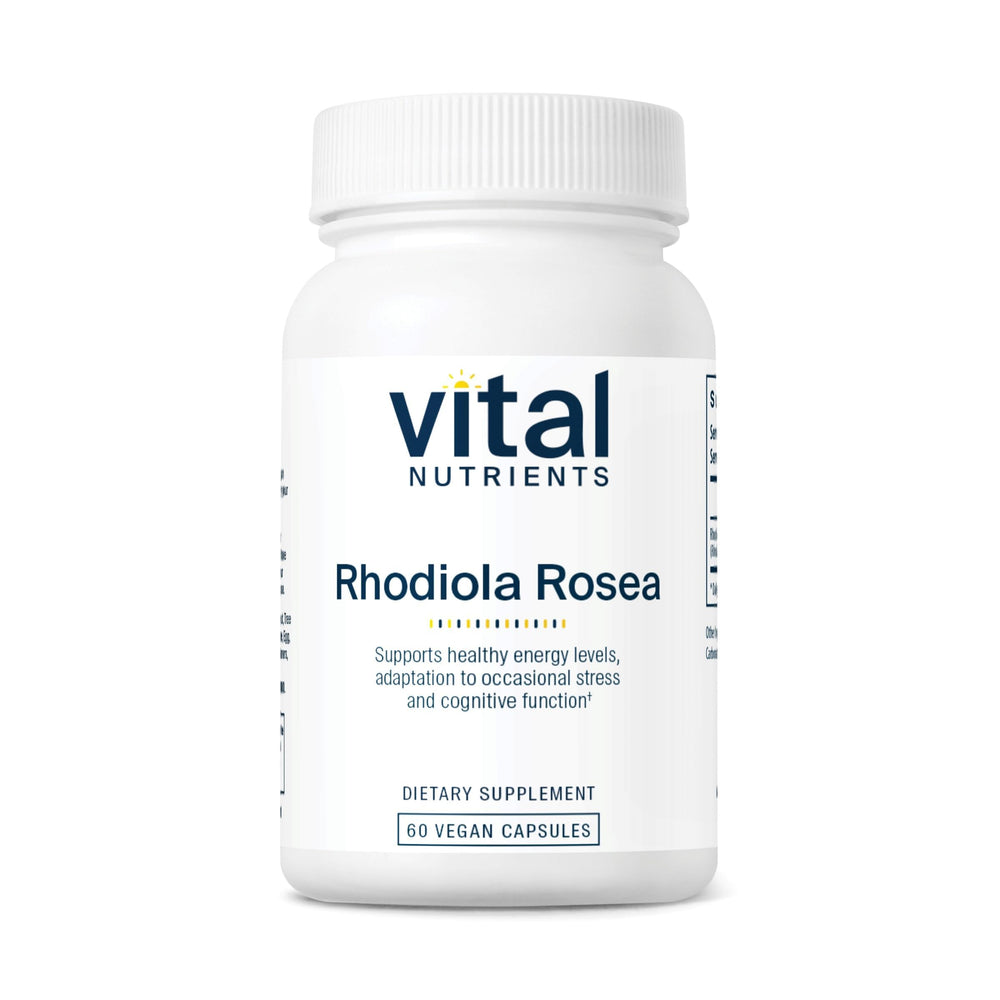Vital Nutrients Rhodiola Rosea bottle pour suggests steady daytime energy potential.