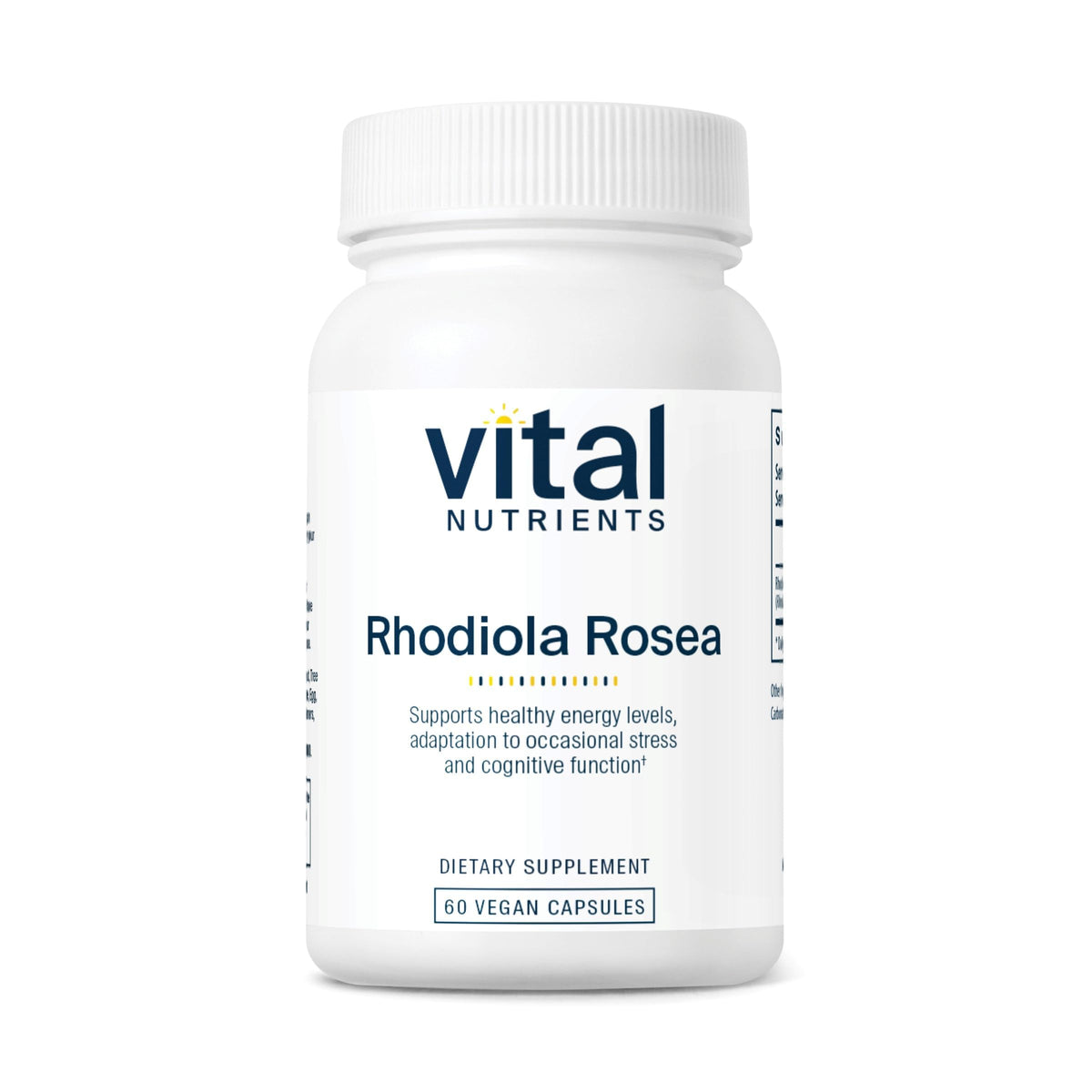 Vital Nutrients Rhodiola Rosea bottle pour suggests steady daytime energy potential.