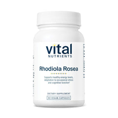 Vital Nutrients Rhodiola Rosea bottle pour suggests steady daytime energy potential.