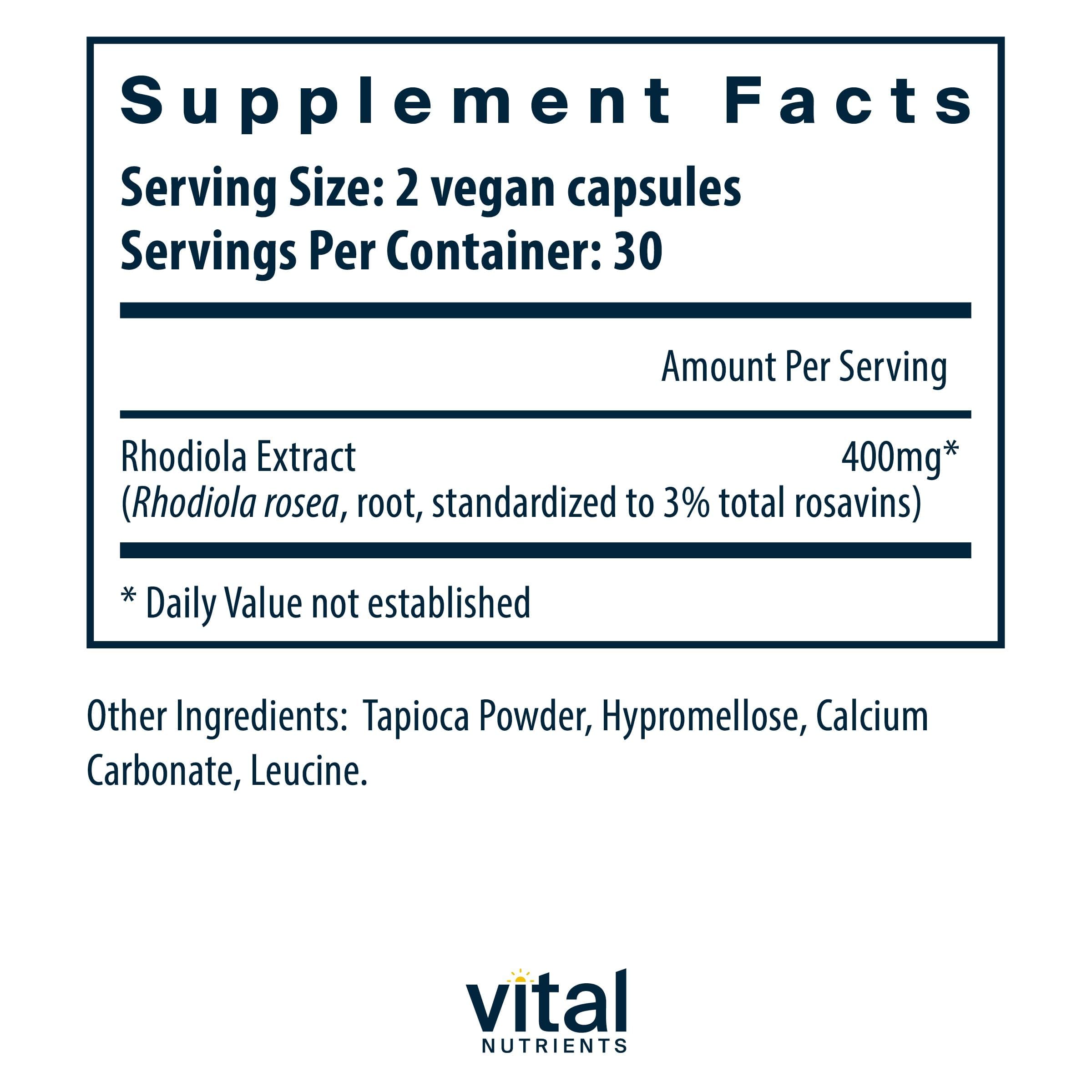 Vital Nutrients Rhodiola Rosea capsules close-up highlights clean vegan formula.