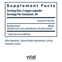 Vital Nutrients Rhodiola Rosea capsules close-up highlights clean vegan formula.