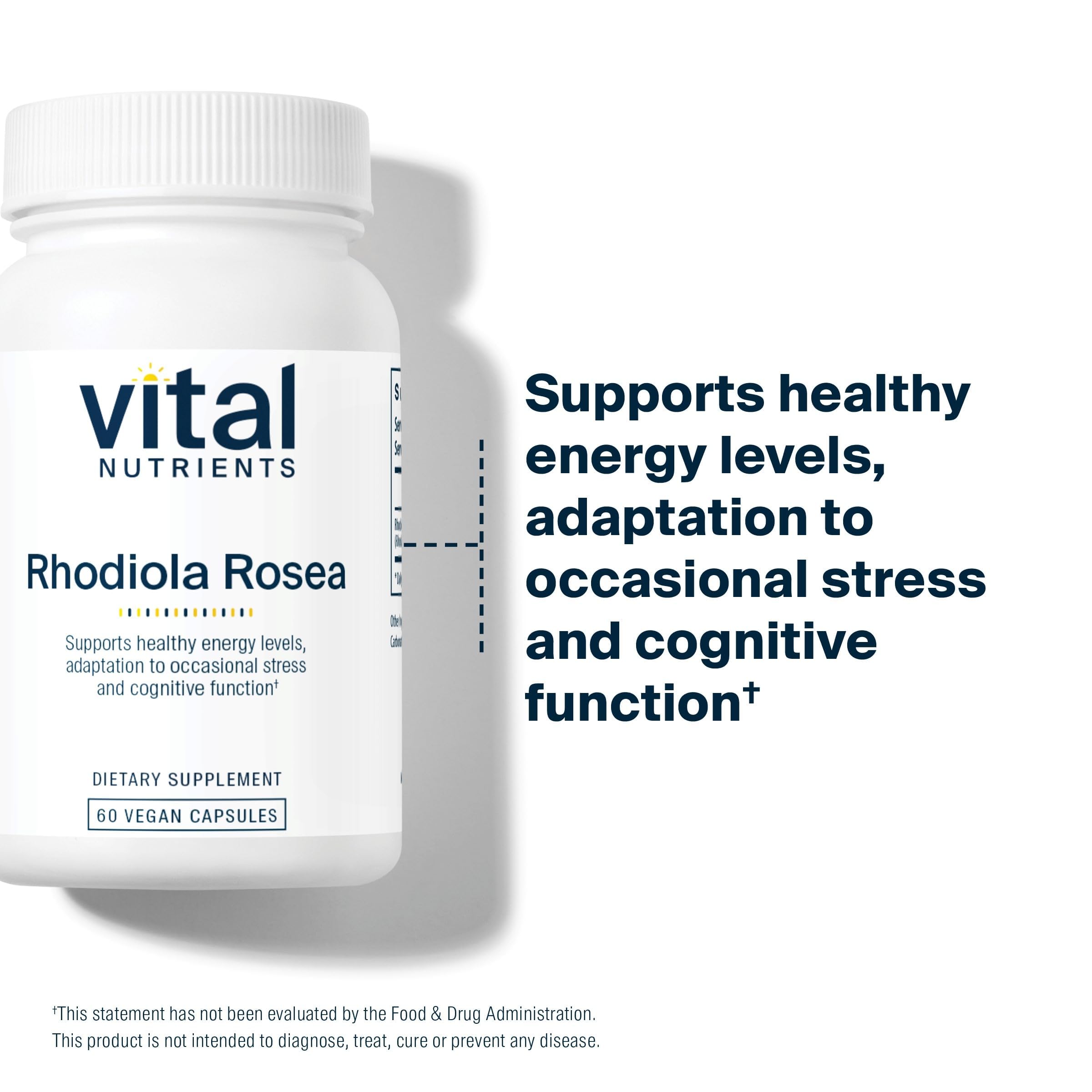 Vital Nutrients Rhodiola Rosea ingredient panel highlights clean-label ingredients.