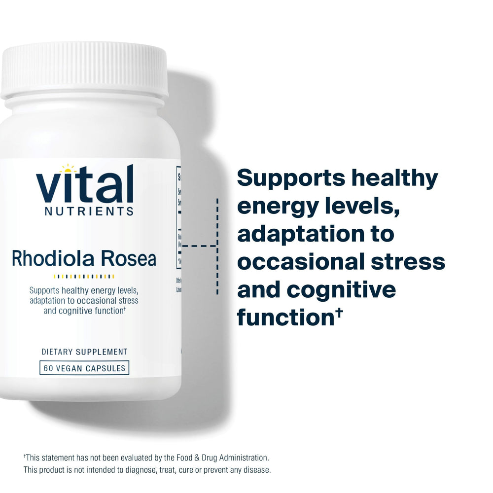 Vital Nutrients Rhodiola Rosea ingredient panel highlights clean-label ingredients.