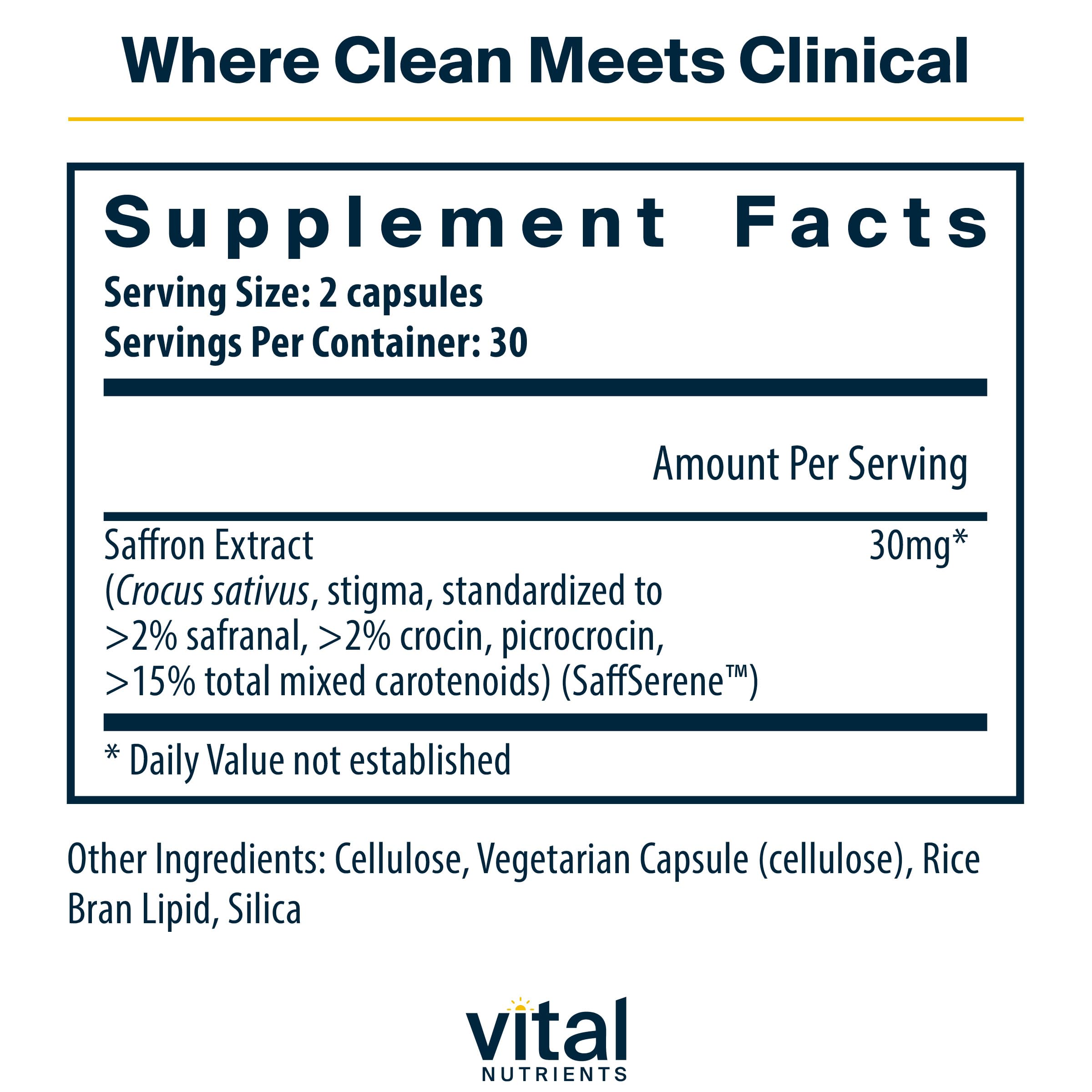 Vital Nutrients saffron extract capsules for daily mood balance and stress resilience.