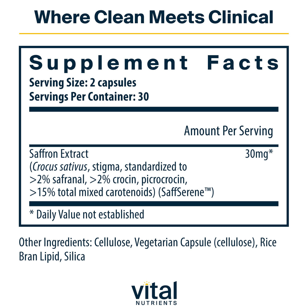 Vital Nutrients saffron extract capsules for daily mood balance and stress resilience.