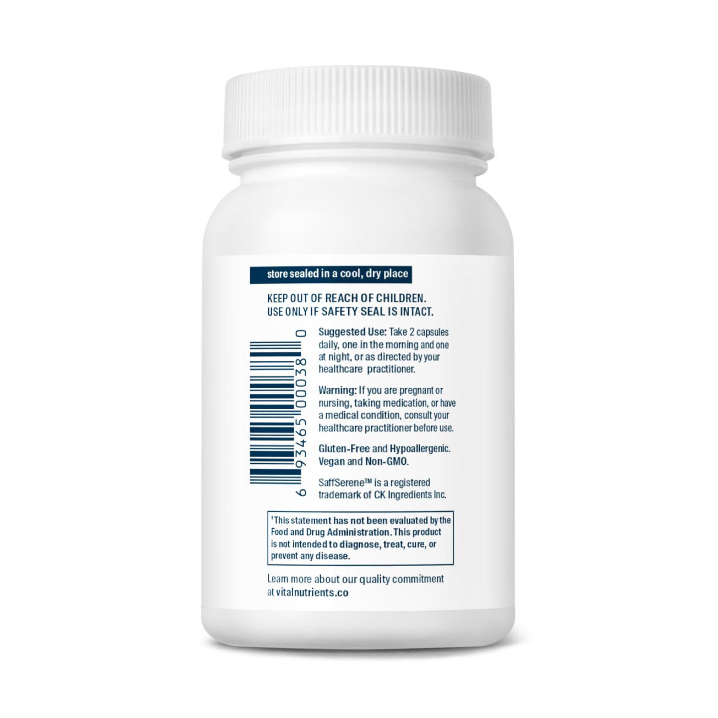 Vital Nutrients saffron extract label indicating vegan and allergen-free formula.