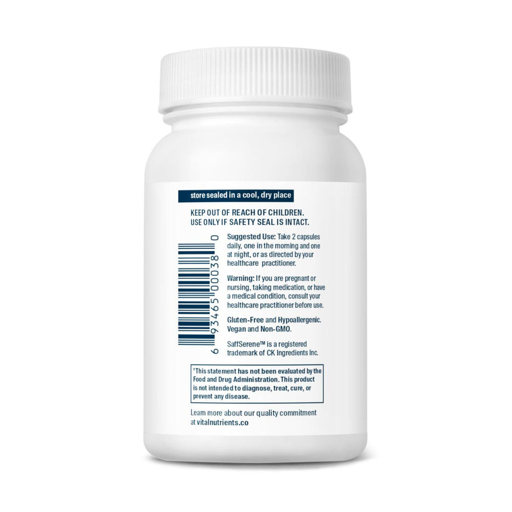 Vital Nutrients saffron extract label indicating vegan and allergen-free formula.
