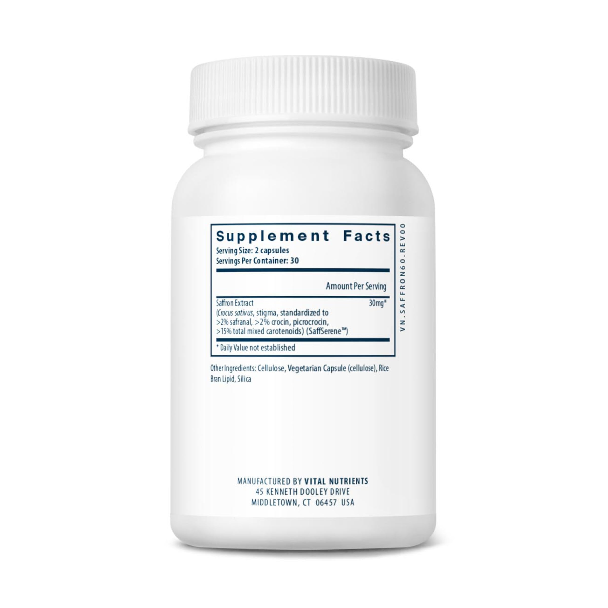 Vital Nutrients saffron extract vegan symbol communicates plant-based formulation.