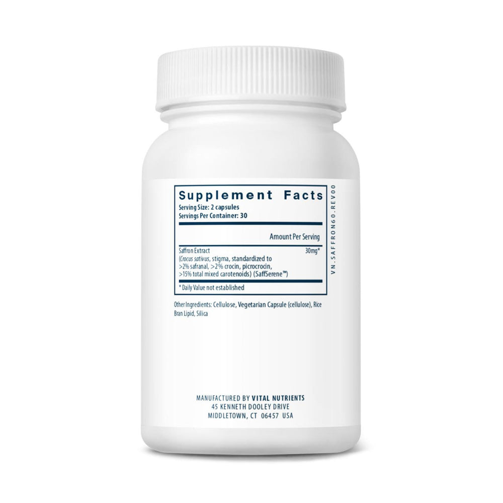 Vital Nutrients saffron extract vegan symbol communicates plant-based formulation.