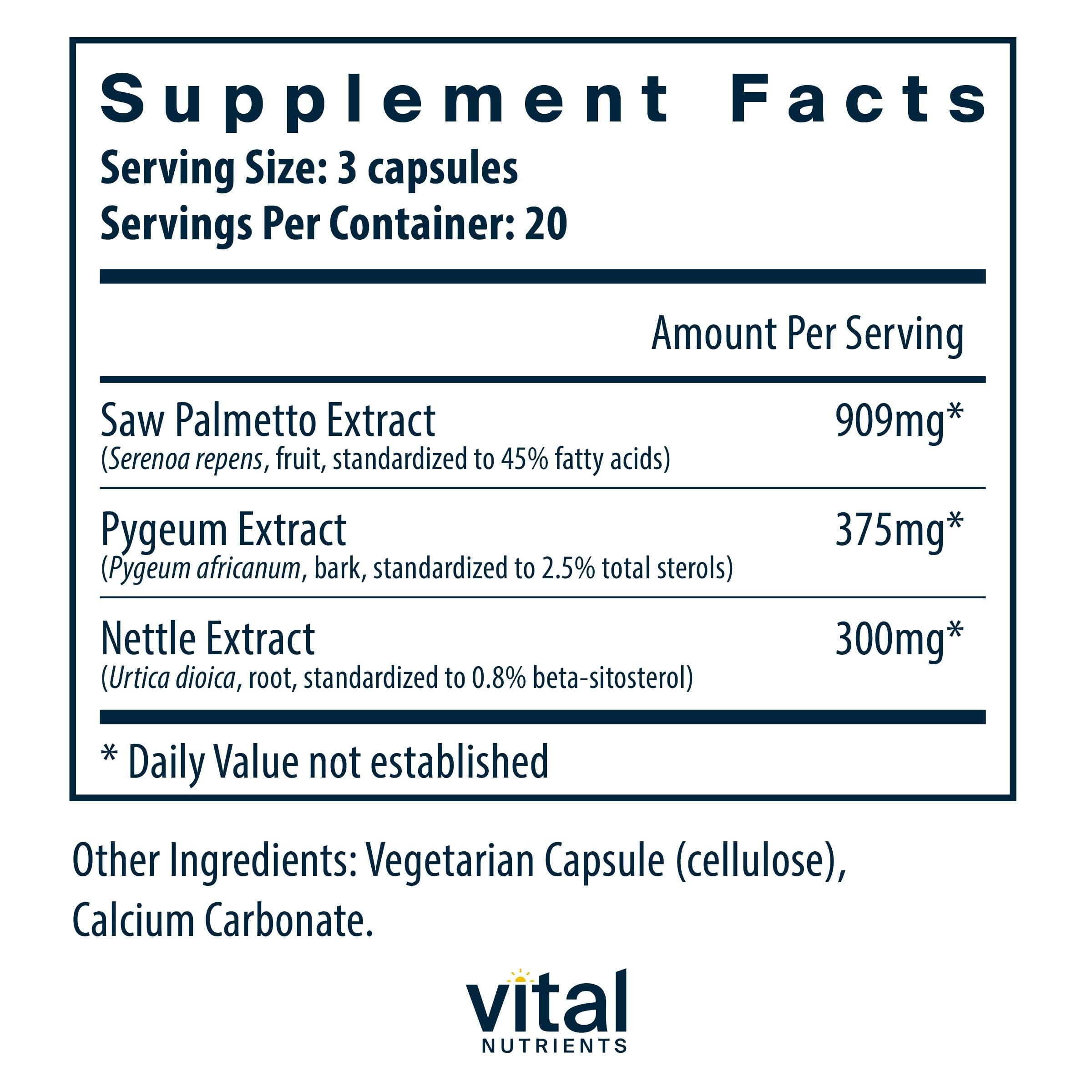 Vital Nutrients Saw Palmetto capsules arranged for daily use