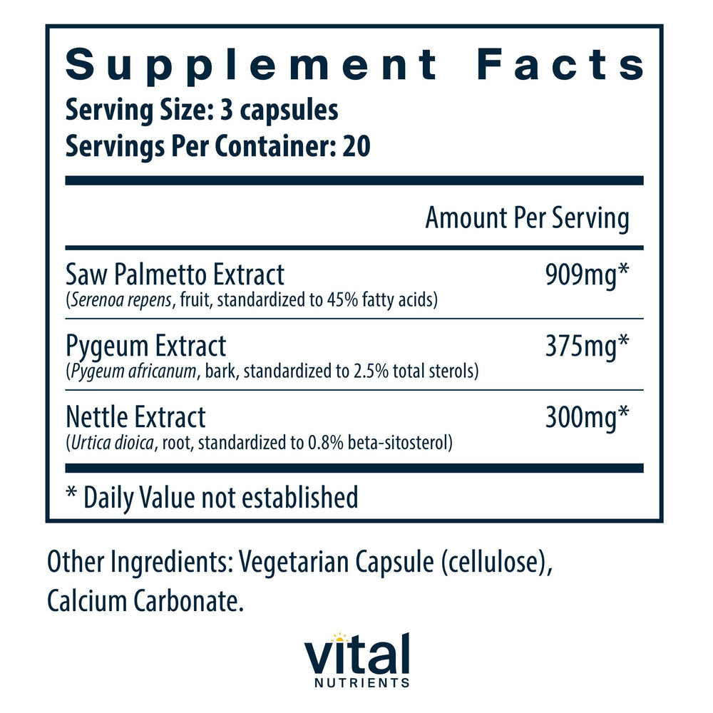 Vital Nutrients Saw Palmetto capsules arranged for daily use