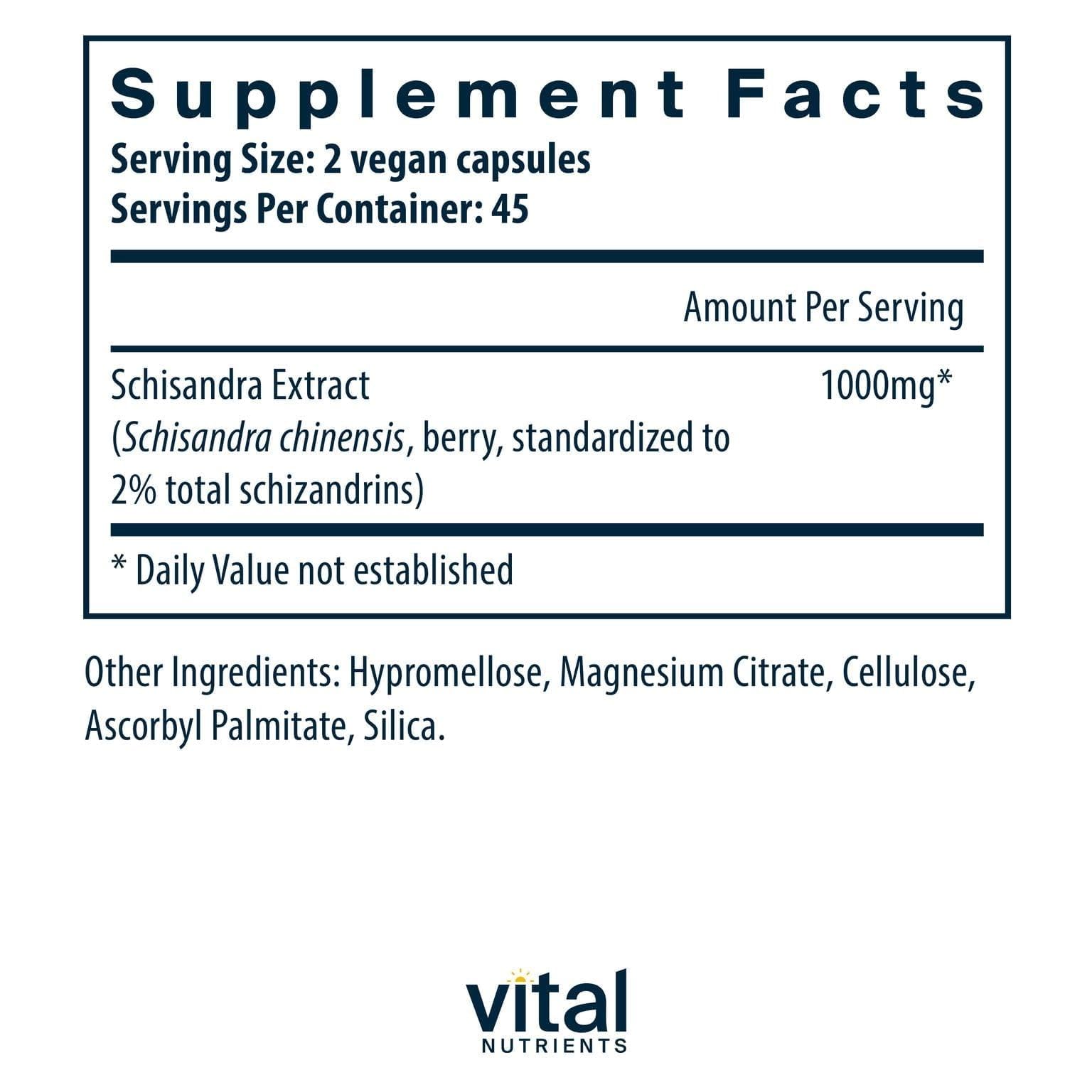 Vital Nutrients Schisandra extract bottle label close-up emphasizing purity and no additives.