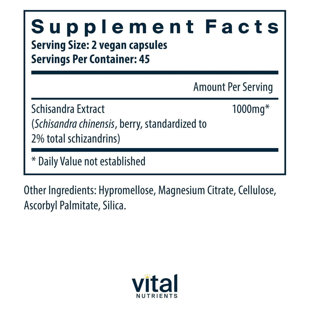 Vital Nutrients Schisandra extract bottle label close-up emphasizing purity and no additives.