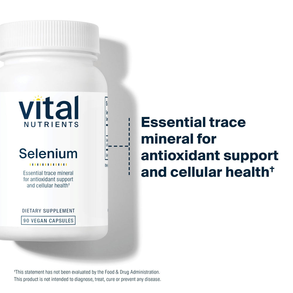 Vital Nutrients Selenium bottle emphasizing purity and allergen-free formula.