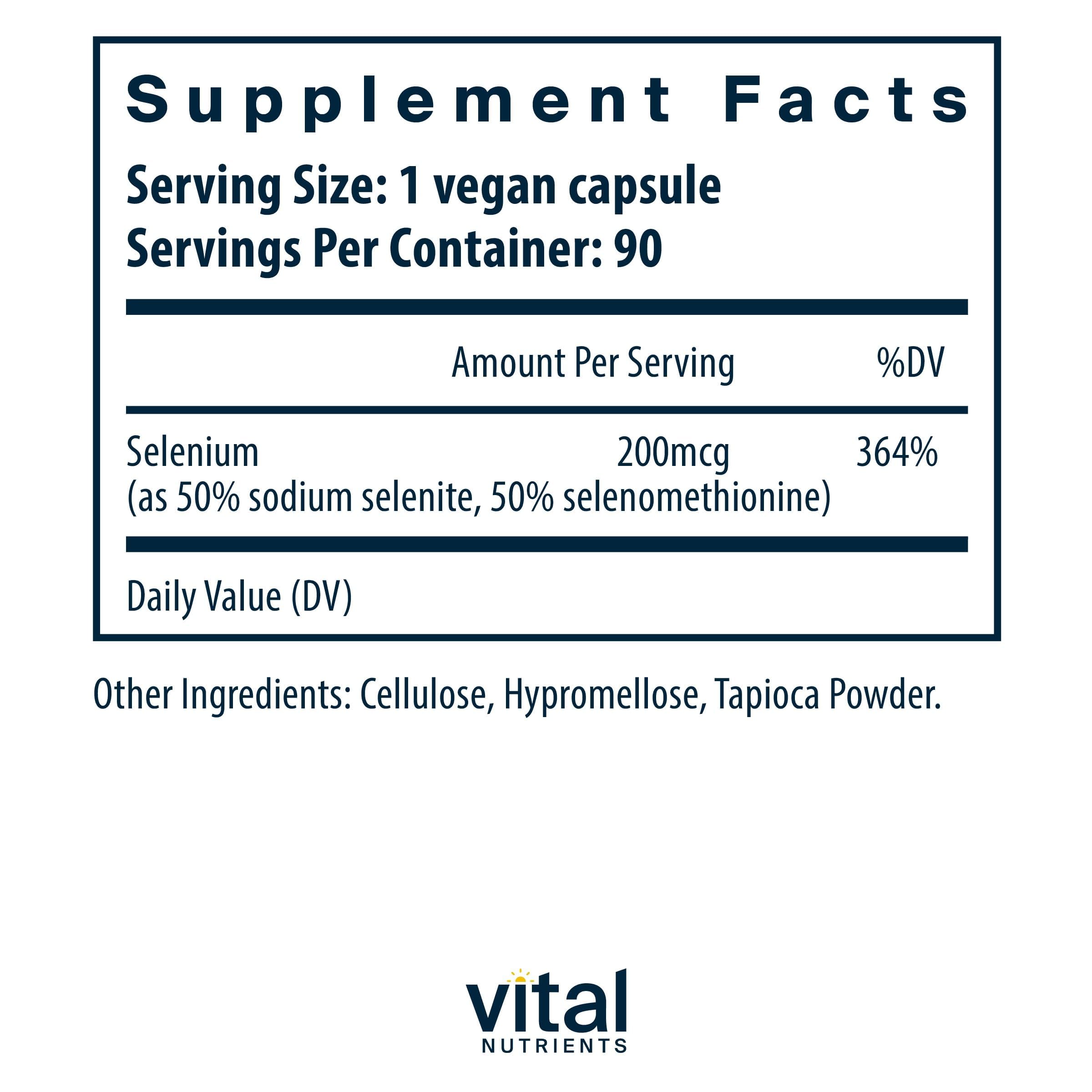 Vital Nutrients Selenium capsules close-up showing 200 mcg potency.