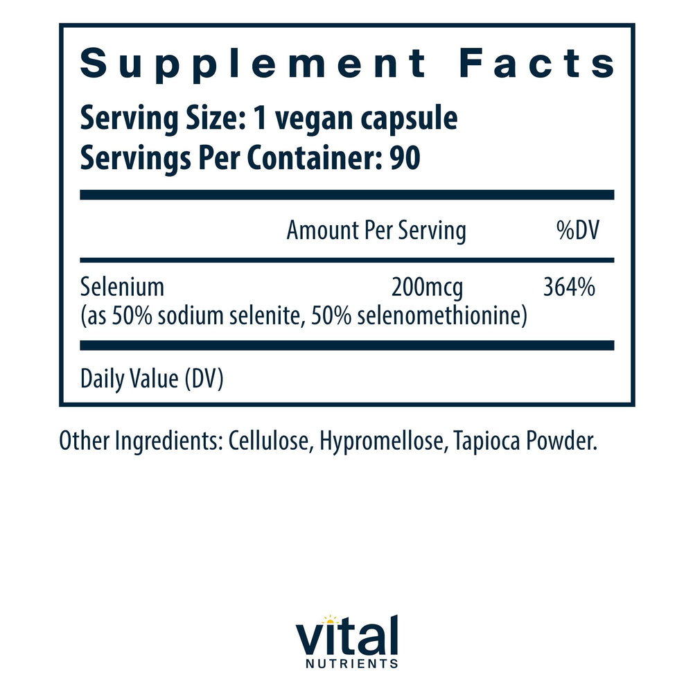 Vital Nutrients Selenium capsules close-up showing 200 mcg potency.
