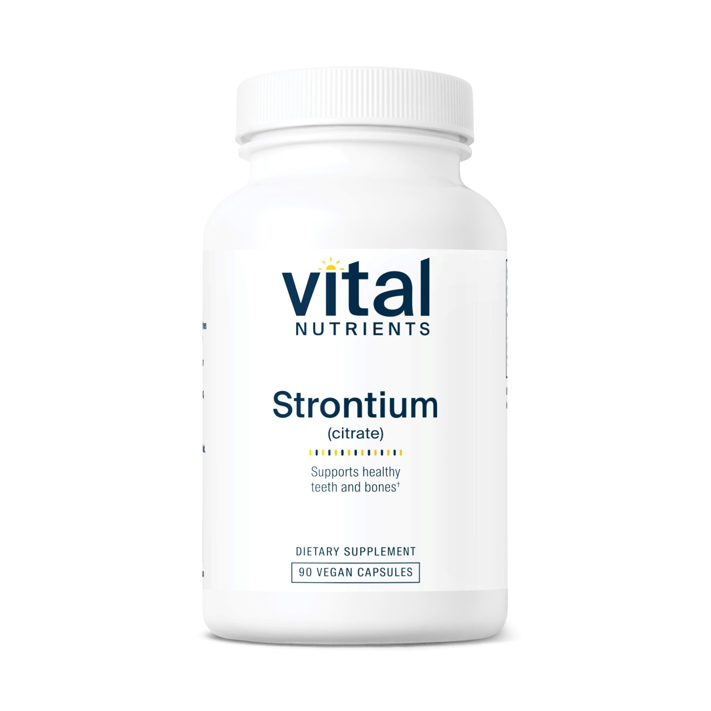 Vital Nutrients Strontium Citrate bottle highlighting 227 mg for bone support.