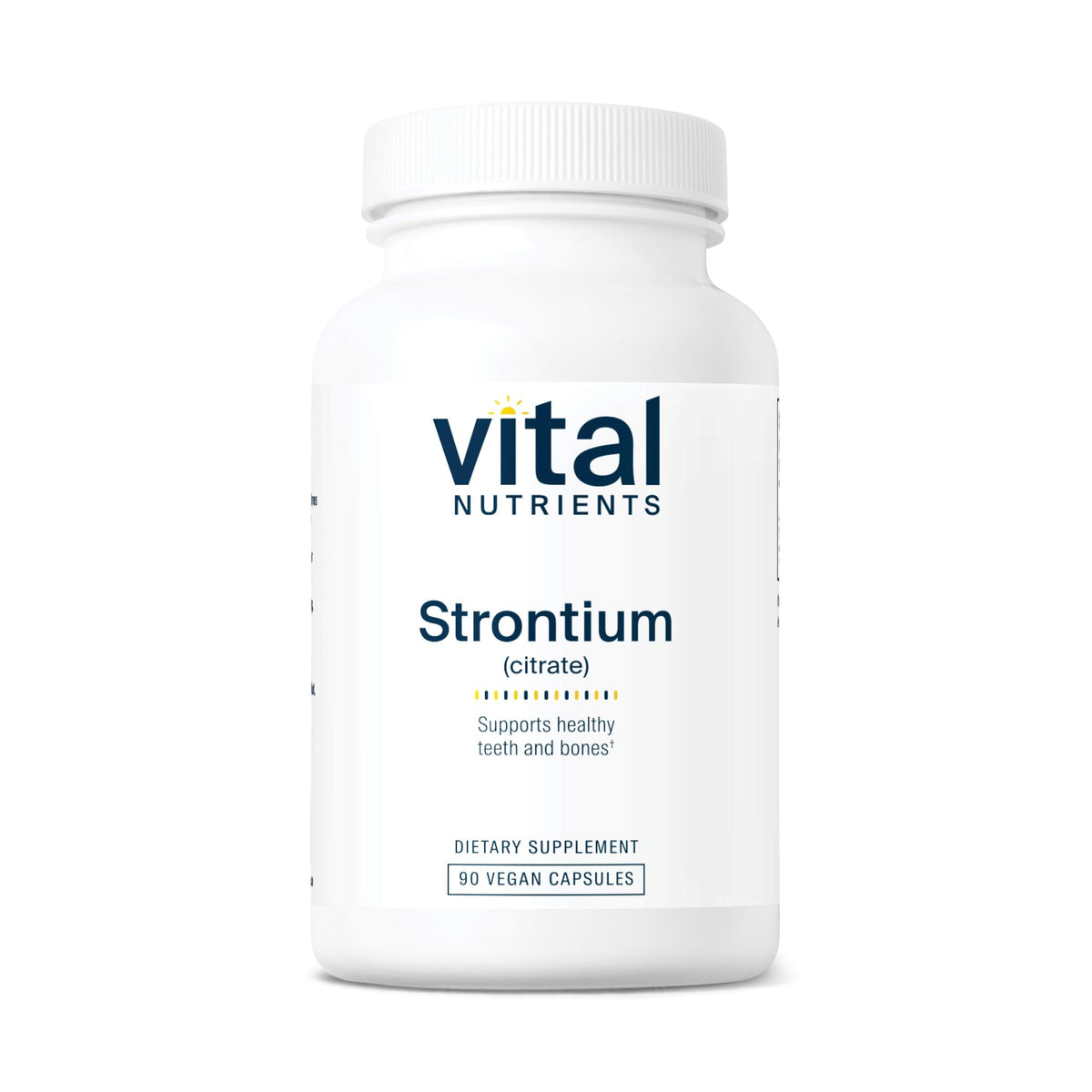 Vital Nutrients Strontium Citrate bottle highlighting 227 mg for bone support.