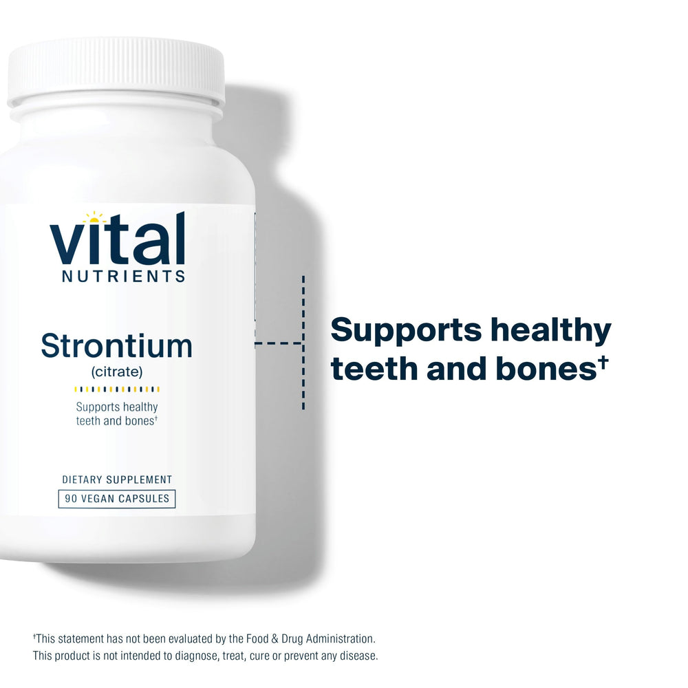 Vital Nutrients Strontium Citrate overview highlighting bone and teeth support.