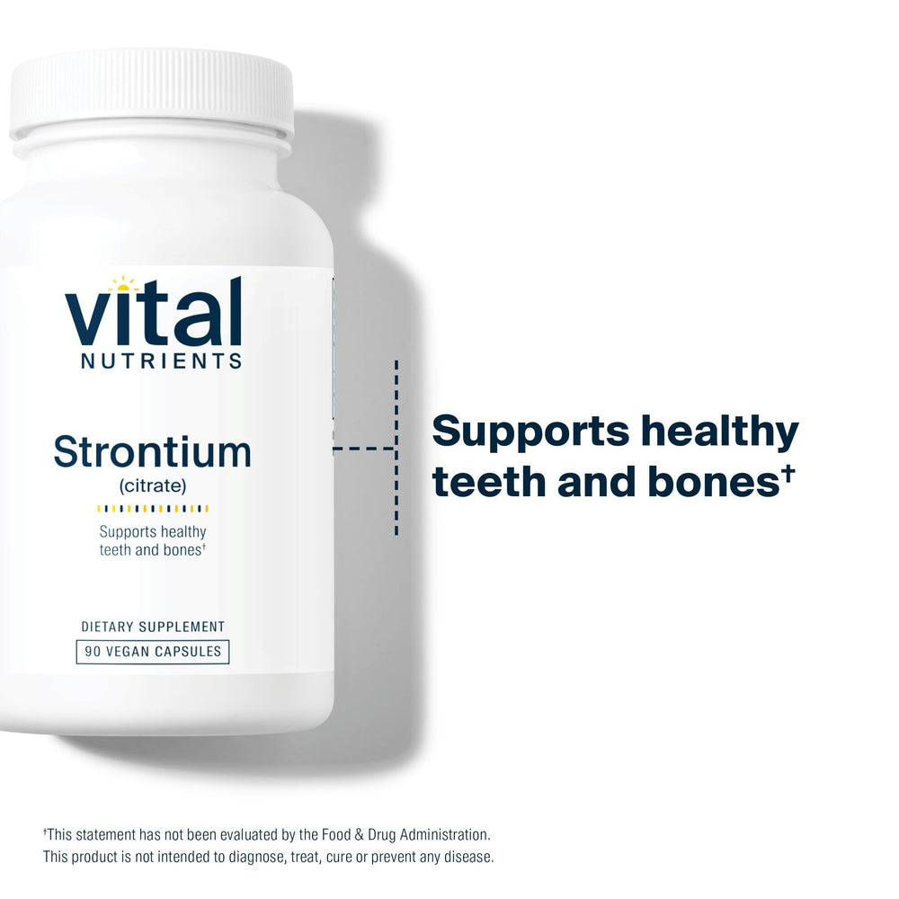 Vital Nutrients Strontium Citrate packaging emphasizing purity and testing.