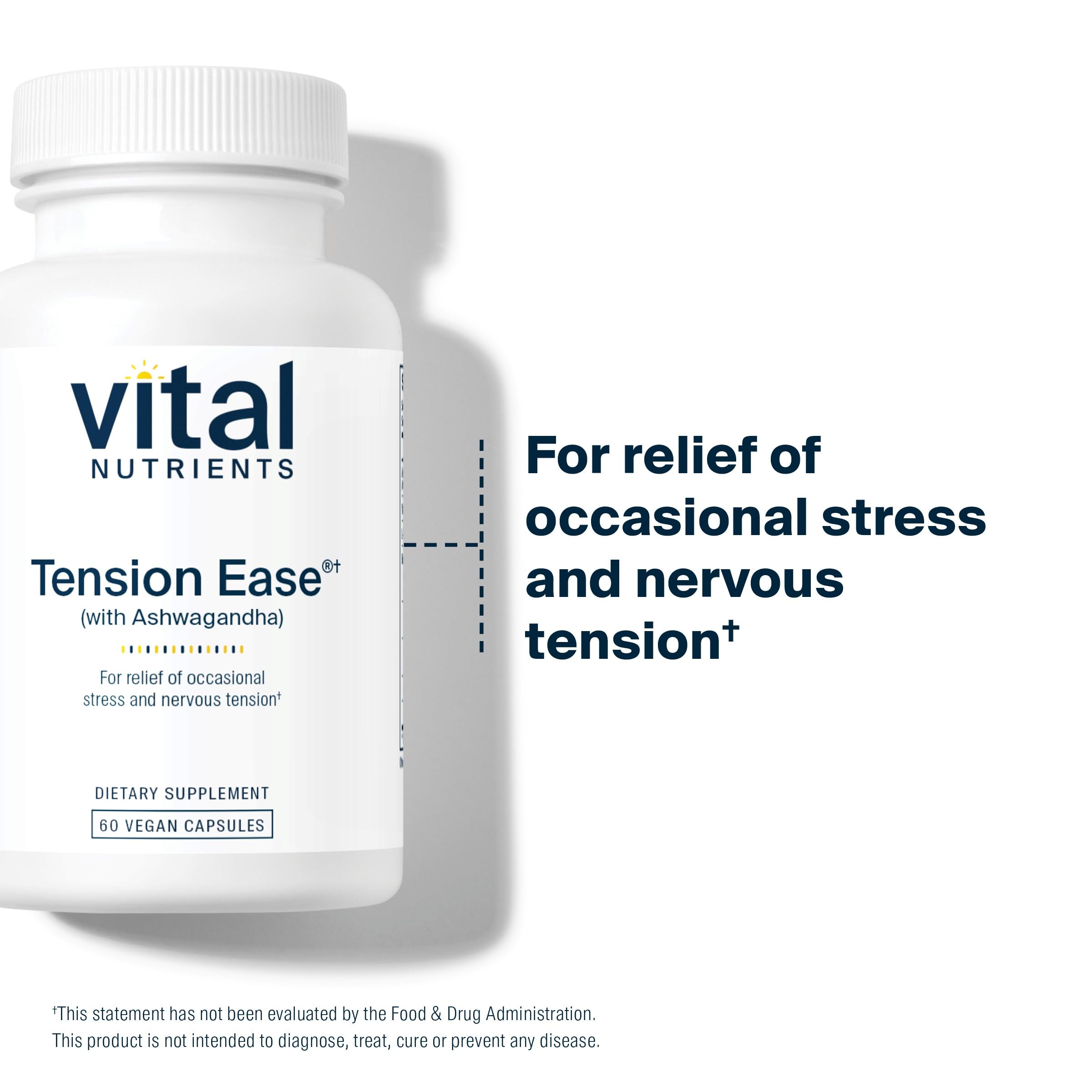 Vital Nutrients Tension Ease bottle with glass of water illustrating daily routine.