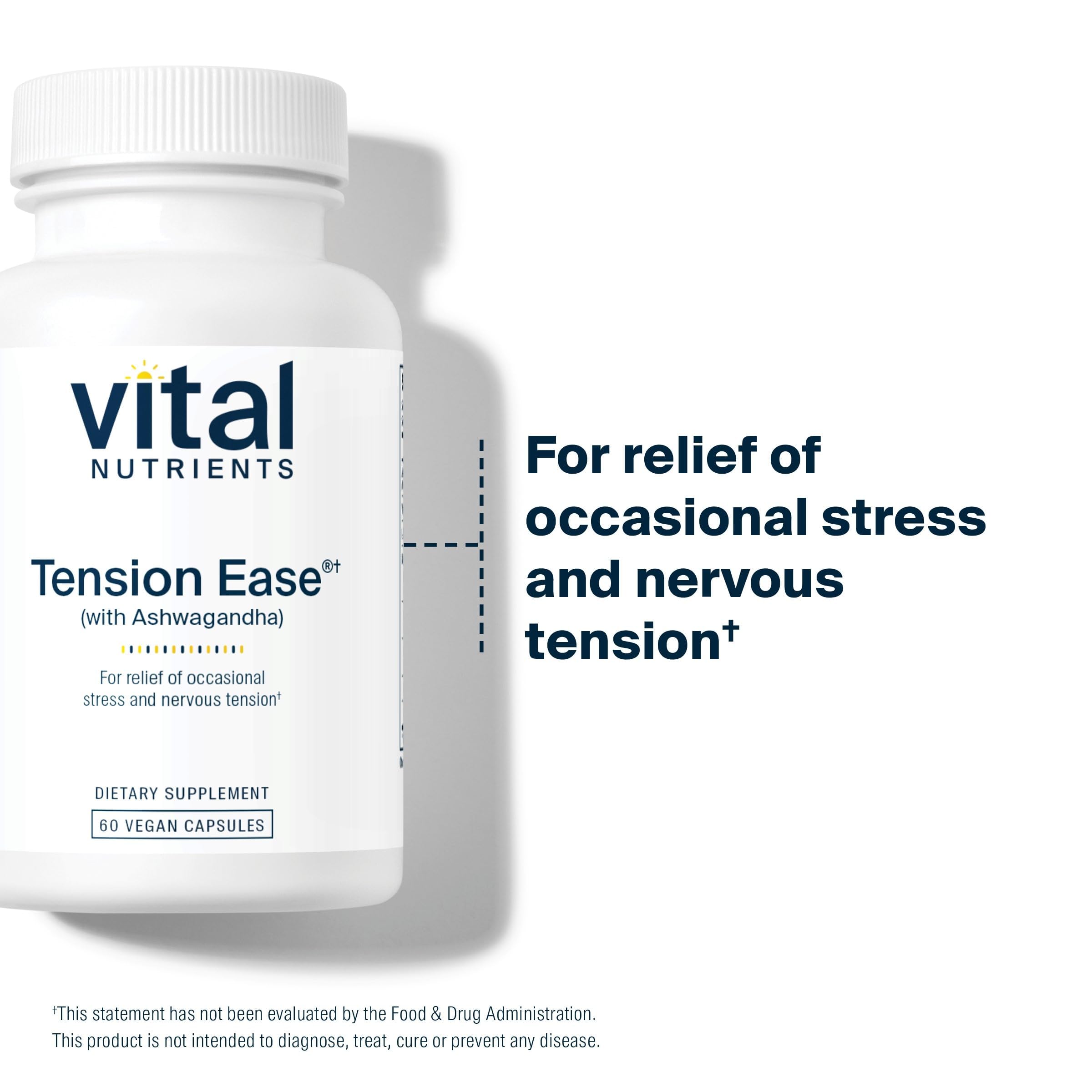 Vital Nutrients Tension Ease label close-up highlighting vegan and allergen-free claims.