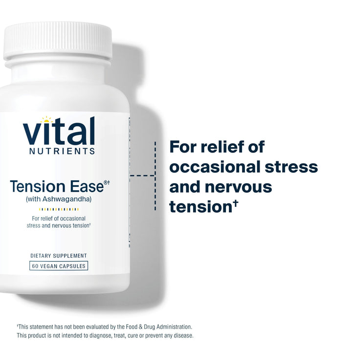 Vital Nutrients Tension Ease label close-up highlighting vegan and allergen-free claims.