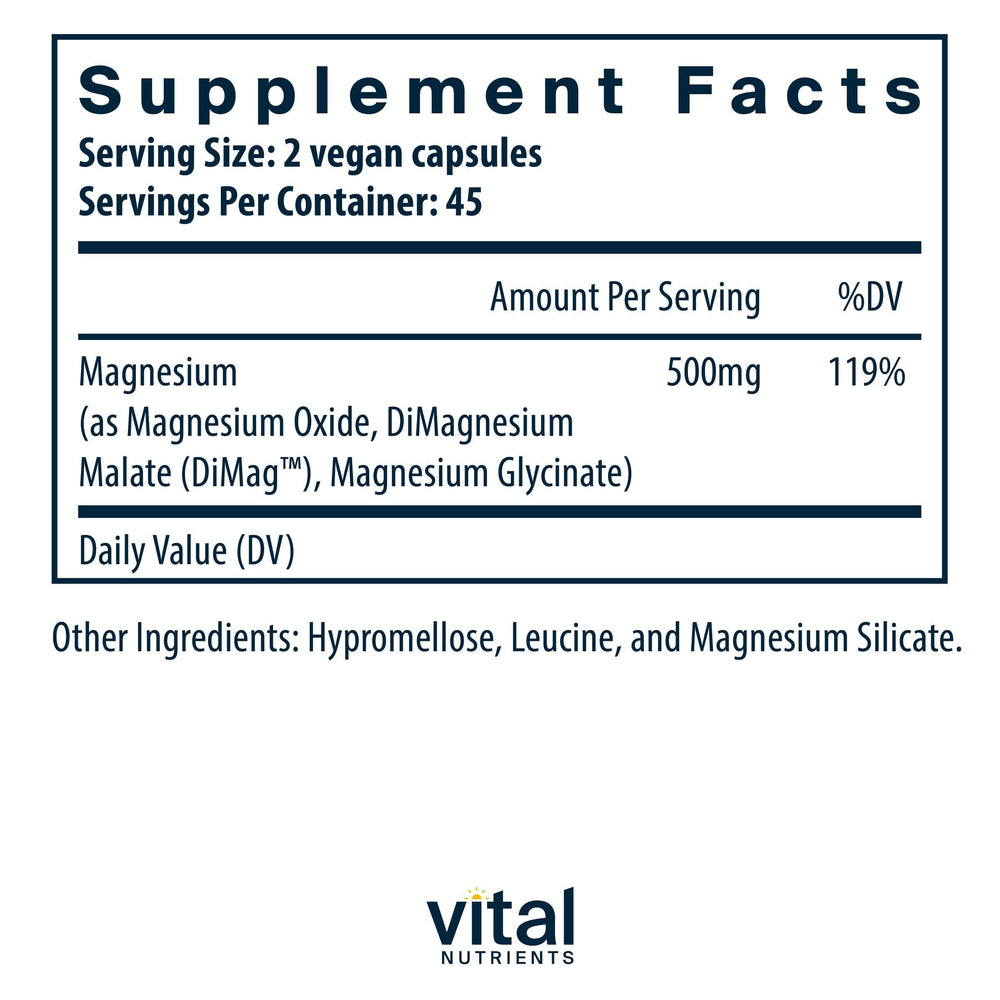 Vital Nutrients capsules close-up shows vegan magnesium glycinate, malate, oxide blend.