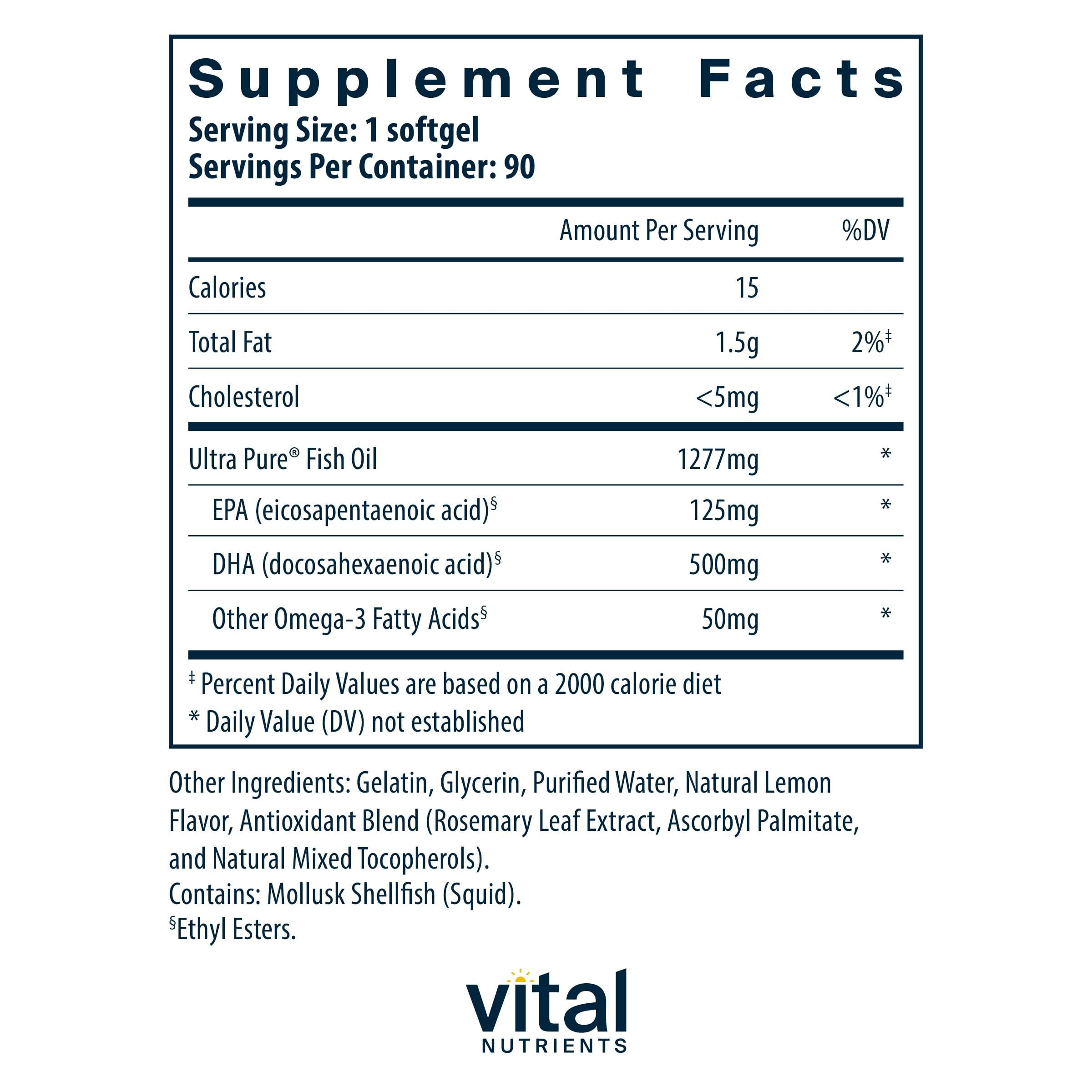 Vital Nutrients Ultra Pure Fish Oil 675 bottle back panel with allergen-free label