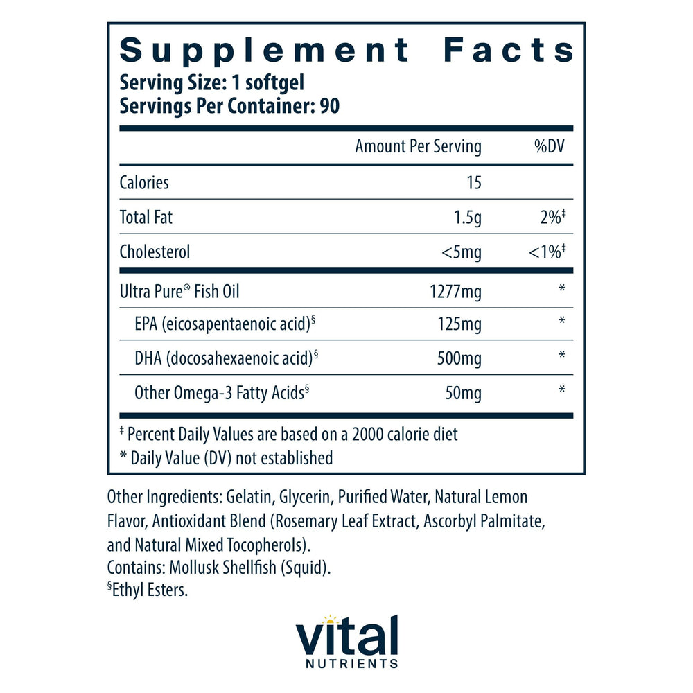 Vital Nutrients Ultra Pure Fish Oil 675 bottle back panel with allergen-free label