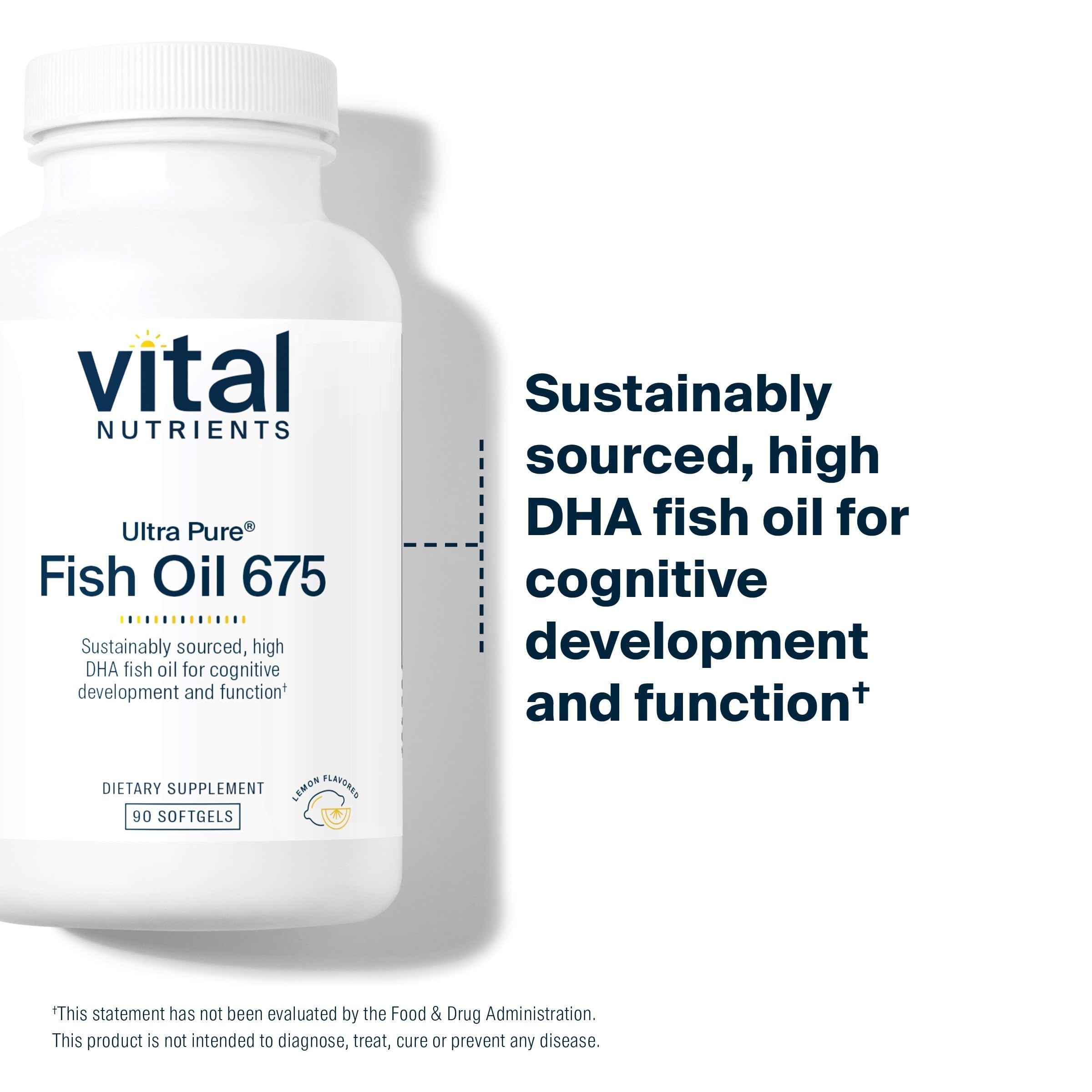 Vital Nutrients Ultra Pure Fish Oil 675 lemon-flavored softgels on display